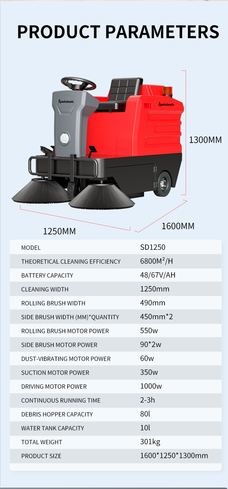 1250mm ride on floor sweeper 